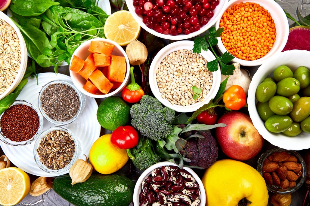 Balanced food background, organic food for healthy nutrition.